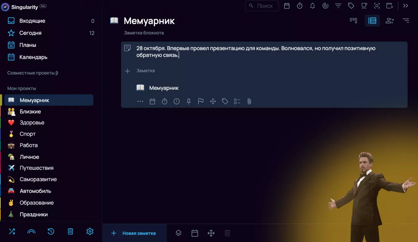 Пример записи в мемуарнике за день