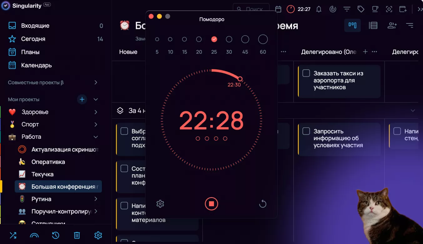 Таймер Pomodoro от Singularity для эффективной работы в рамках work-life blend концепции.