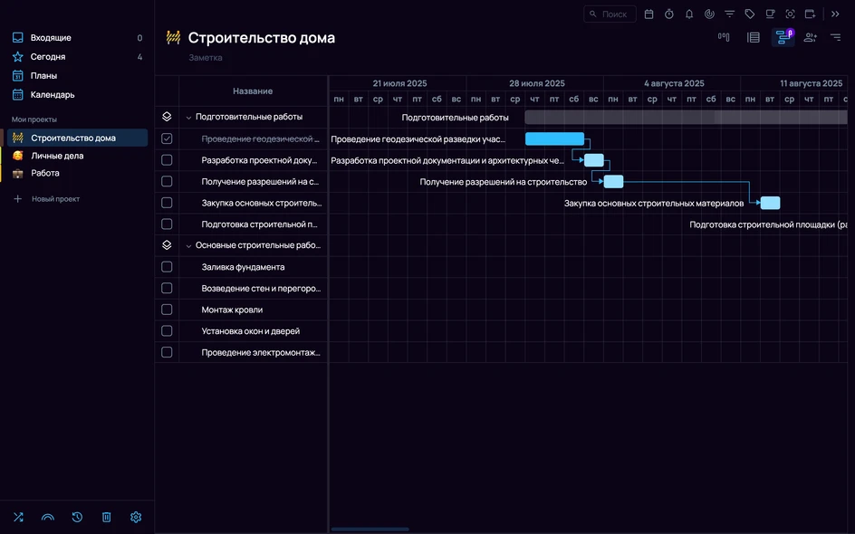 Процесс создания связи между двумя задачами — от конца одной задачи к началу другой тянется линия-стрелка.